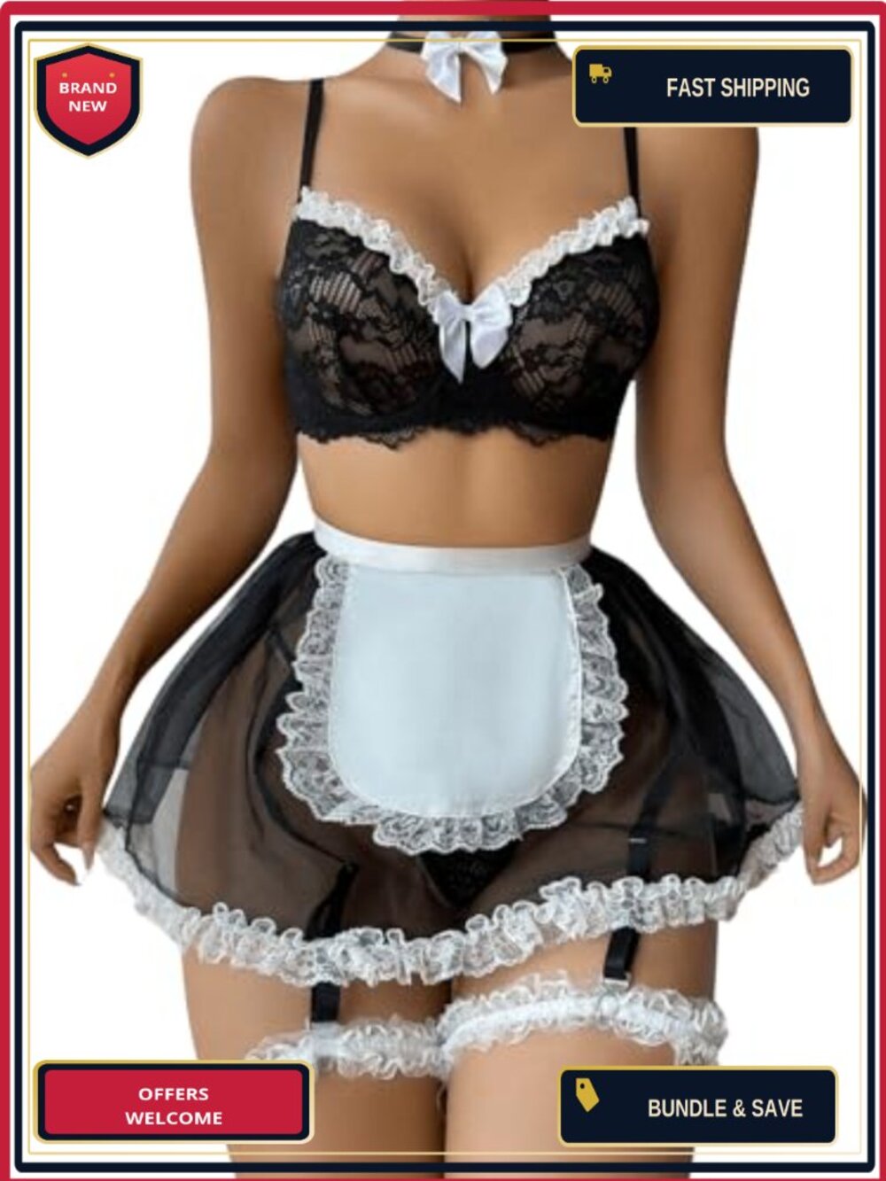 Womens 6 Piece Floral Lace Maid Costume Choker Leg Ring Set Polyester